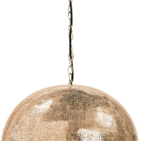 Natural brass pierced metal sphere pendant light with organic perforated design.