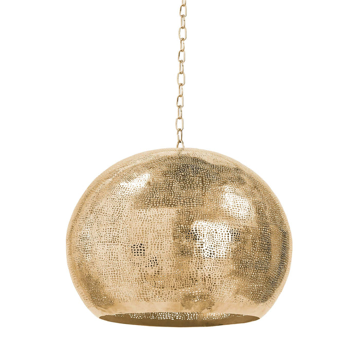 Natural brass pierced metal sphere pendant light with organic perforated design.