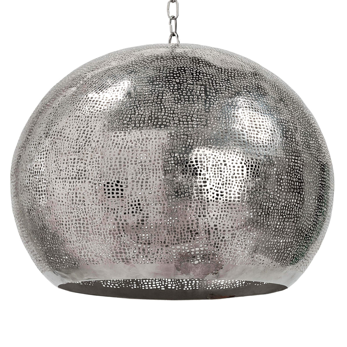 Polished nickel pierced metal sphere pendant, 18" wide, with organic perforated design.