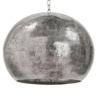 Polished nickel pierced metal sphere pendant, 18" wide, with organic perforated design.