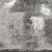 Polished nickel pierced metal sphere pendant, 18" wide, with organic perforated design.