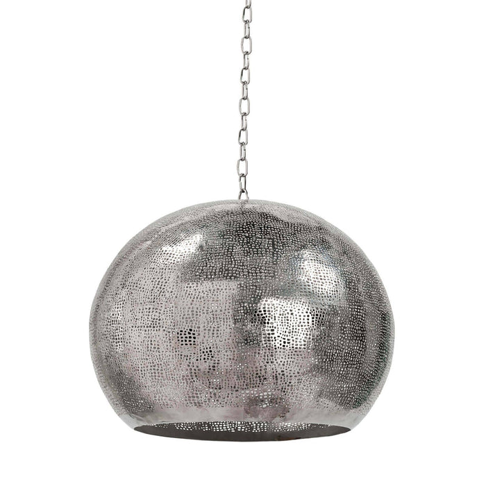 Polished nickel pierced metal sphere pendant light with an organic perforated design.