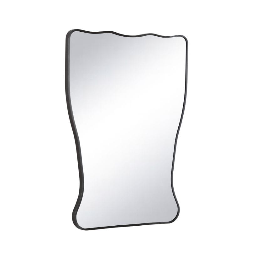 Piero Metal Mirror with a black ribbon-shaped steel frame and vintage Italian design.