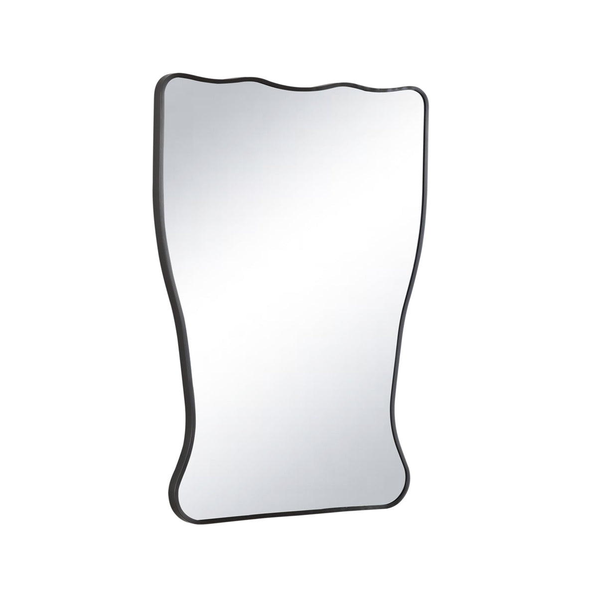 Piero Metal Mirror with a wavy, ribbon-shaped black steel frame, 39.5" H x 28" W.