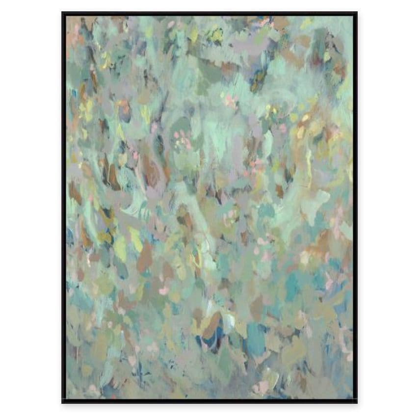 Abstract giclee painting with brush strokes in warm blush, green, and blue tones, framed in black.