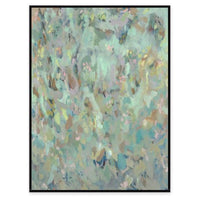 Abstract giclee painting with brush strokes in warm blush, green, and blue tones, framed in black.