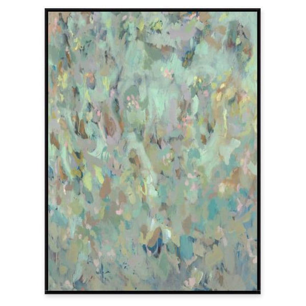 Abstract giclee painting with brush strokes in warm blush, green, and blue tones, framed in black.