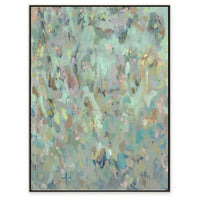 Abstract giclee painting with brush strokes in soft blush, mint, and warm tones, framed in black.