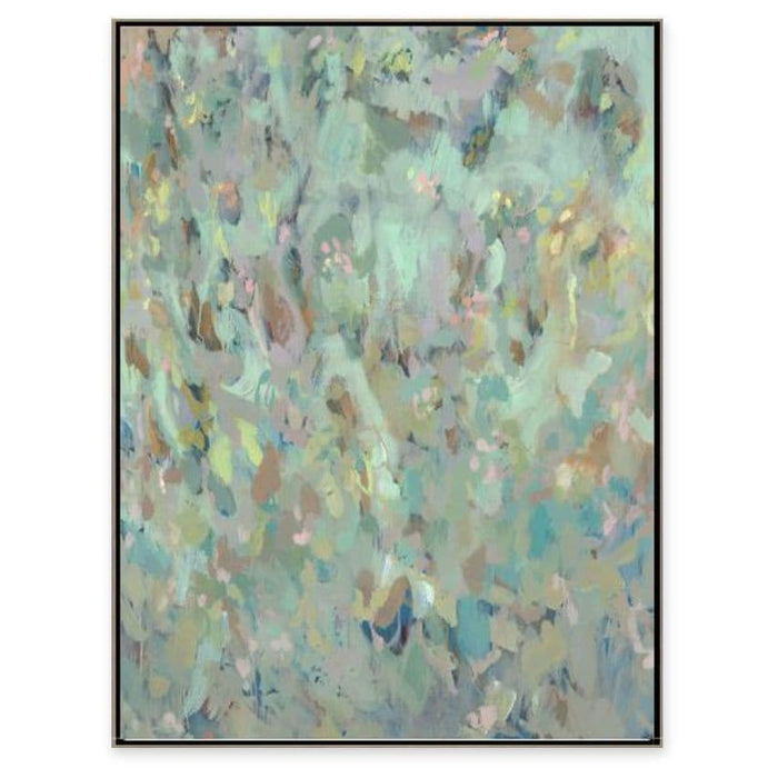Abstract giclee painting with brush strokes in soft blush, mint, and warm tones, framed in black.