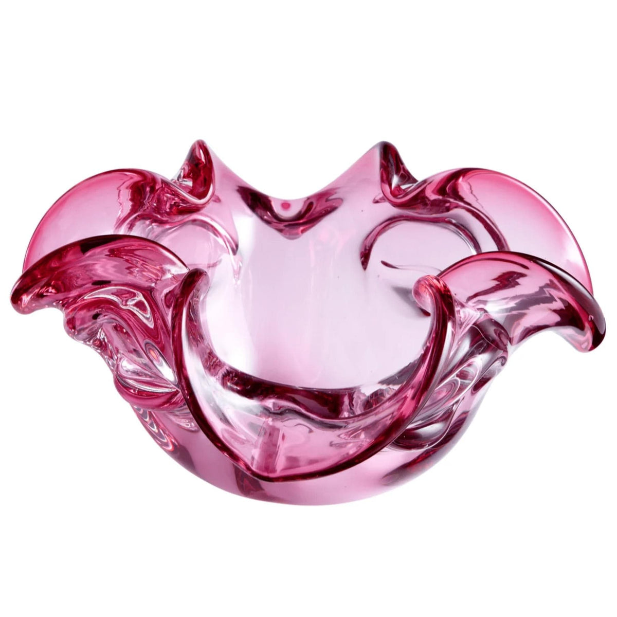 Pink fluted glass decorative bowl with a tulip-inspired design, 10" wide.