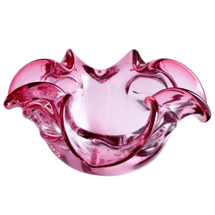 Pink fluted glass decorative bowl with a tulip-inspired design, 10" wide.