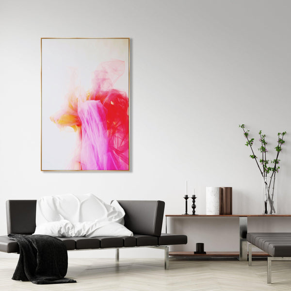 Pink Tulle Giclee Canvas Painting with brush gel finish in a gold frame, displayed in a modern living room.
