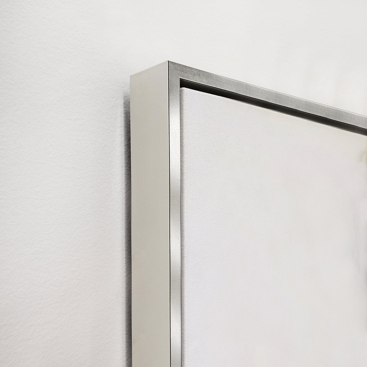 Close-up of a giclee canvas artwork with a sleek silver floating frame against a white wall.