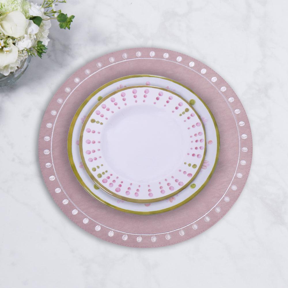 Pink & White Round Embroidered Dots Placemats Set of 4 - Placemat Detail | Bone & Brass