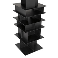 Modern matte black steel Pisa shelf with five square levels, industrial design.