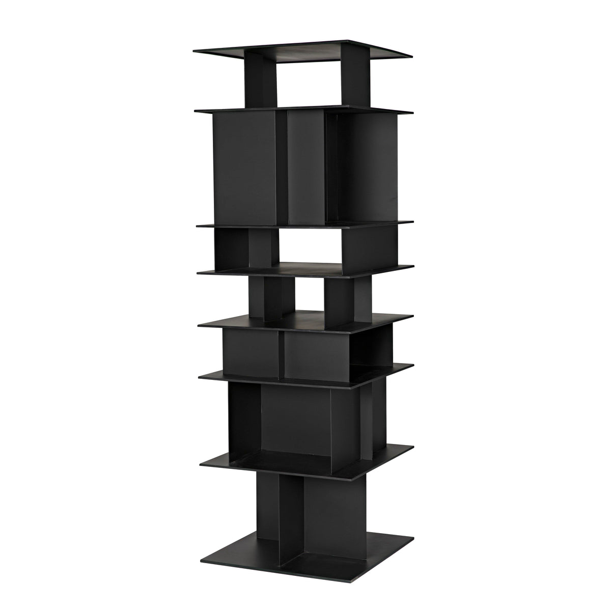 Tall matte black steel Pisa shelf with industrial strength framing and modern geometric design.
