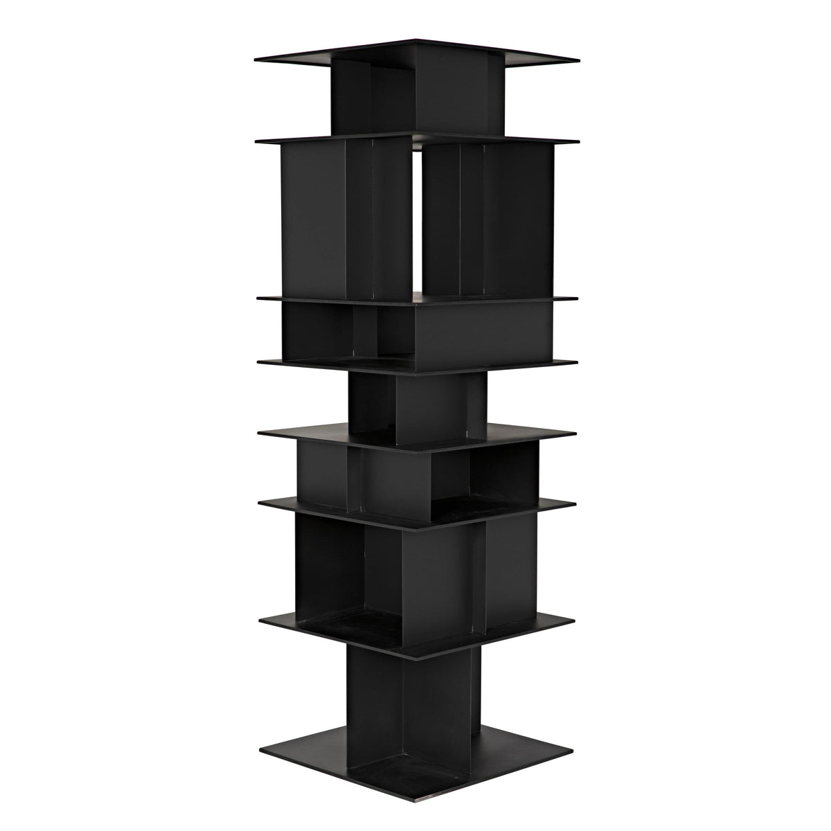 Pisa Shelf: tall matte black steel shelving unit with a modern, industrial design.