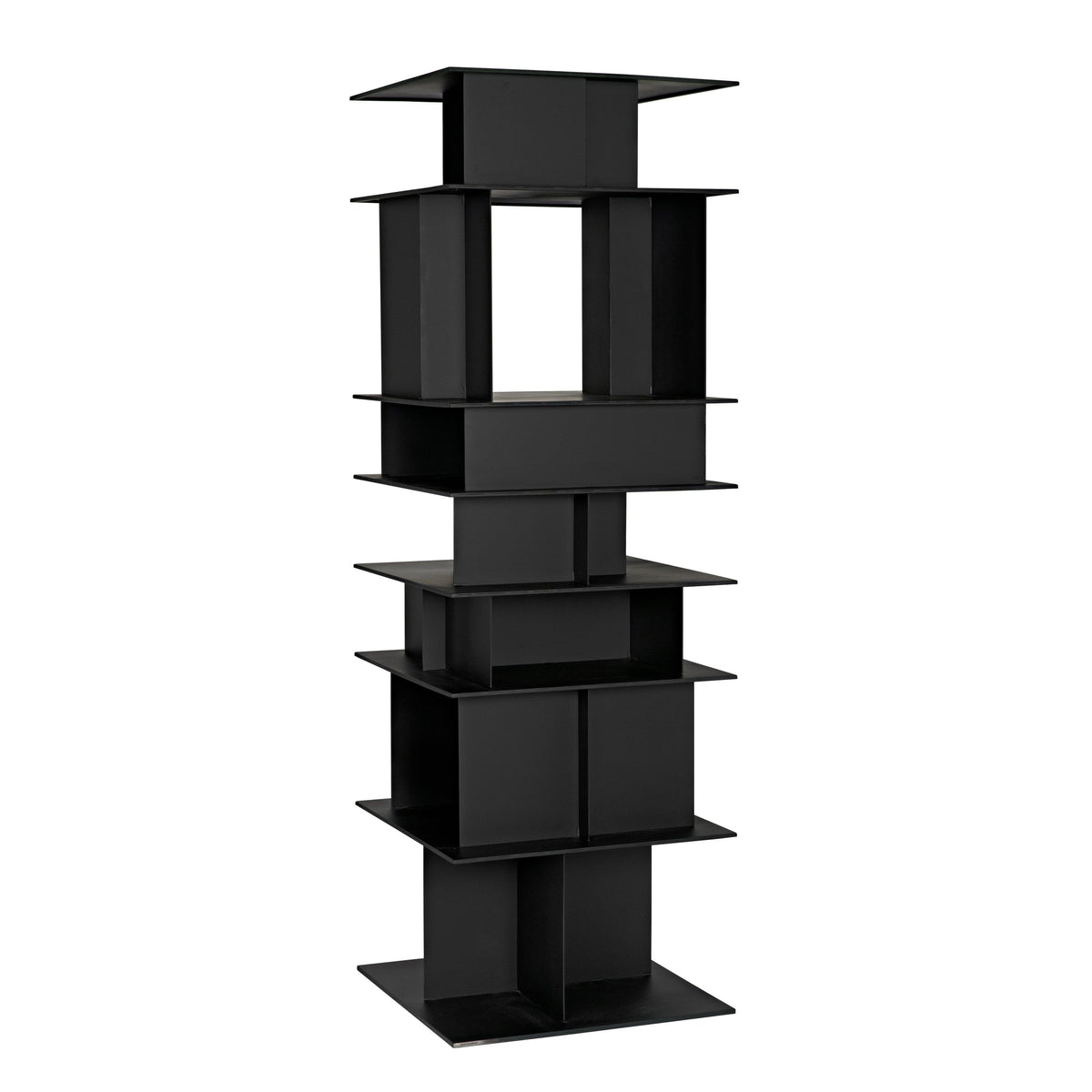 Pisa Shelf: tall matte black steel shelving unit with modern, industrial design.