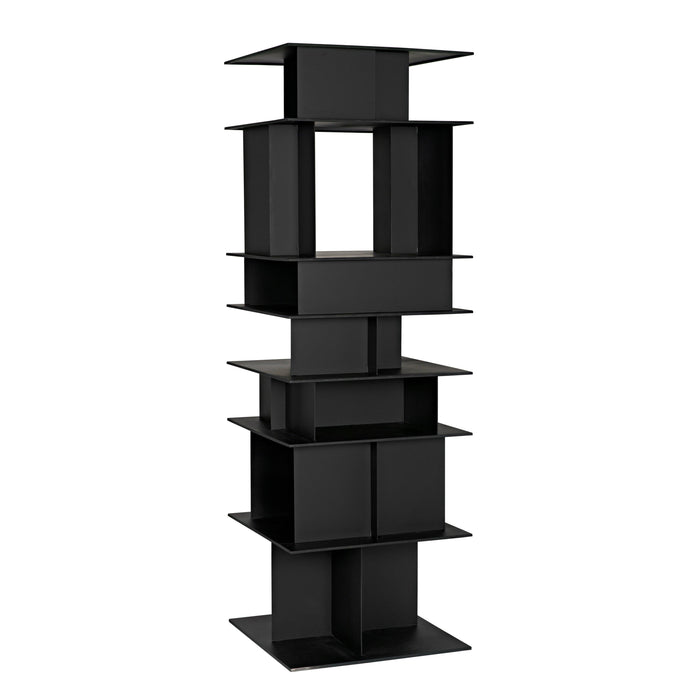 Pisa Shelf: tall matte black steel shelving unit with modern, industrial design.