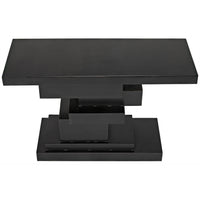 Black steel Platoon console table with a geometric, tiered base of offset blocks.