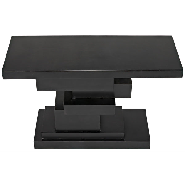 Black steel Platoon console table with a geometric, tiered base of offset blocks.