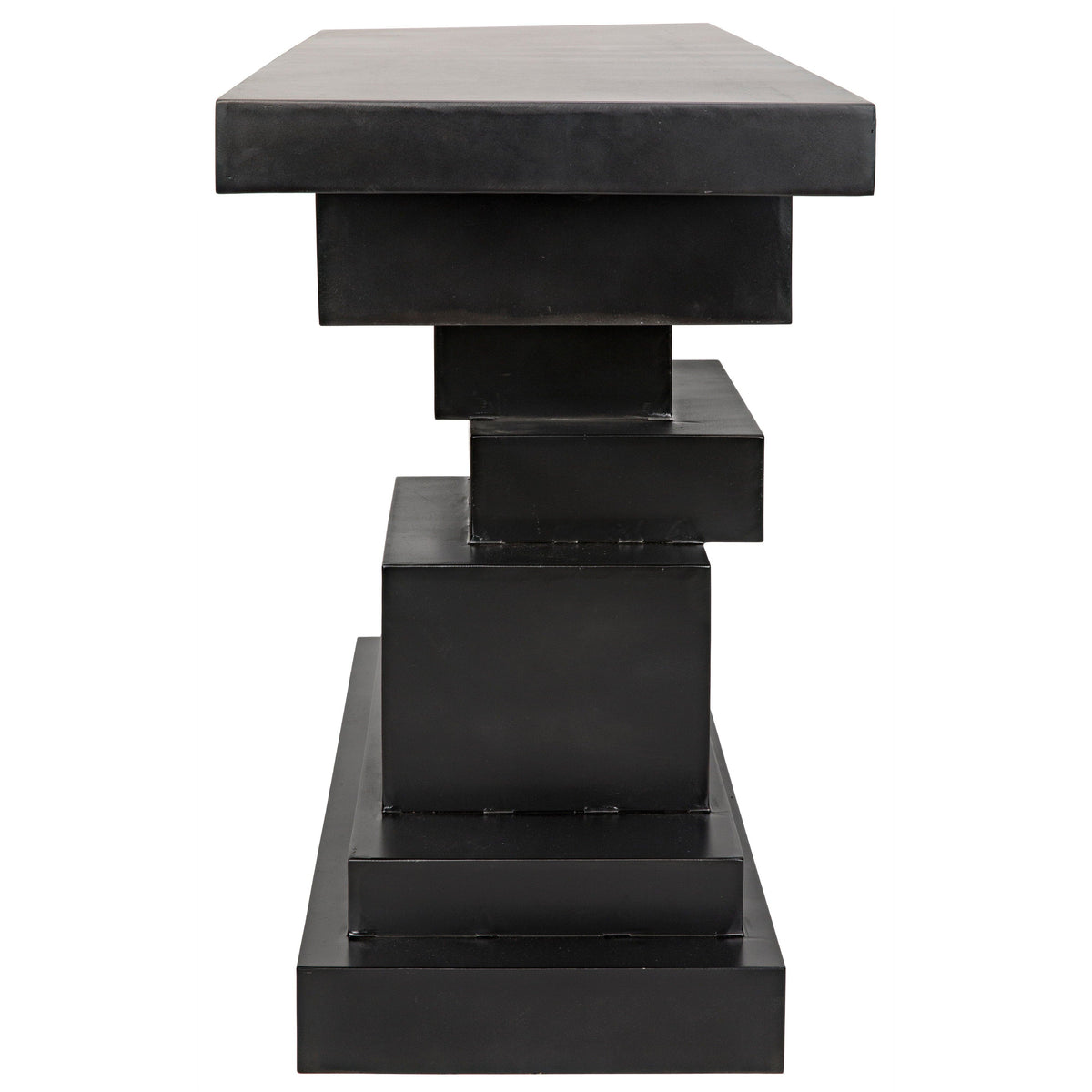 Black steel Platoon Console with a tiered, geometric base of offset blocks.