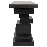Black steel Platoon Console with a tiered, geometric base of offset blocks.