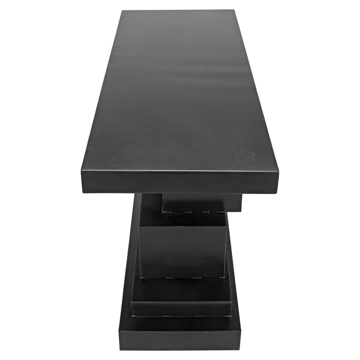 Black steel Platoon Console with a rectangular top and tiered, geometric base of offset blocks.