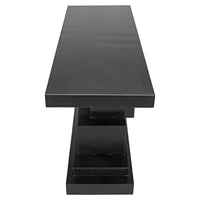 Black steel Platoon Console with a rectangular top and tiered, geometric base of offset blocks.