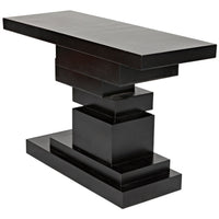 Black steel Platoon Console table with a tiered, geometric base of offset blocks.