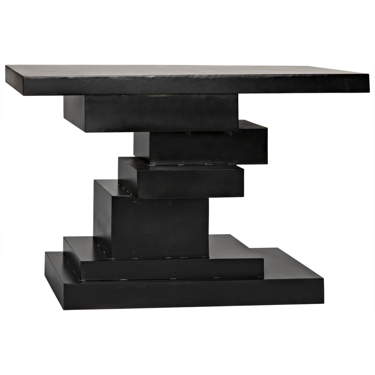 Black steel Platoon console table with a tiered base of offset geometric blocks.