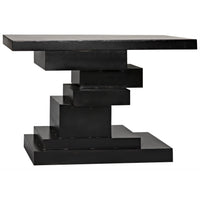 Black steel Platoon console table with a tiered base of offset geometric blocks.