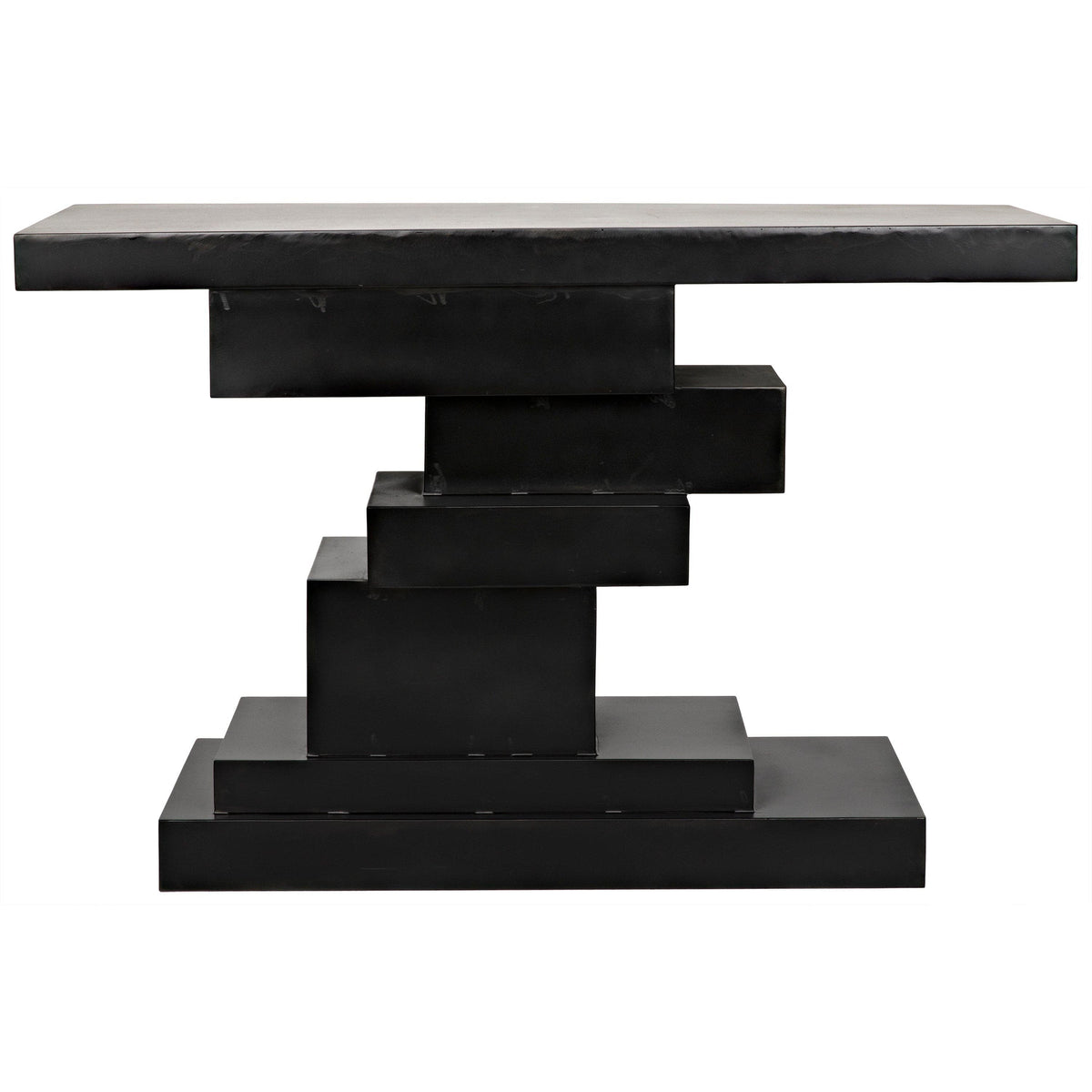 Black steel Platoon Console table with a tiered, geometric base of offset blocks.