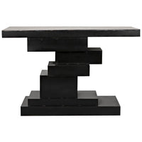 Black steel Platoon Console table with a tiered, geometric base of offset blocks.