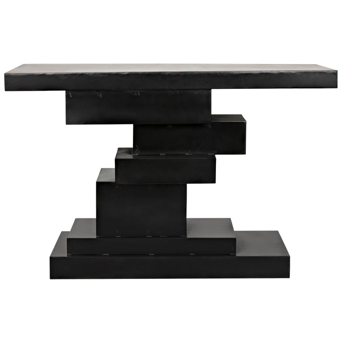 Black steel Platoon Console table with a tiered, geometric base of offset blocks.
