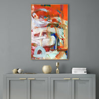 Abstract giclee canvas painting "Play It Right" with vibrant red, orange, white, and blue brushstrokes in a gold frame.
