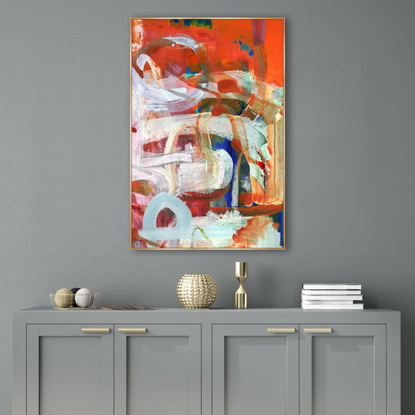Abstract giclee canvas painting "Play It Right" with vibrant red, orange, white, and blue brushstrokes in a gold frame.