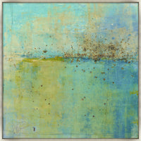 Abstract giclee canvas painting by Maeve Harris with blue, green, and gold hues, textured gel finish.