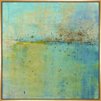 Abstract giclee canvas painting by Maeve Harris with blue, green, and gold hues, textured gel finish, and a thin gold frame.