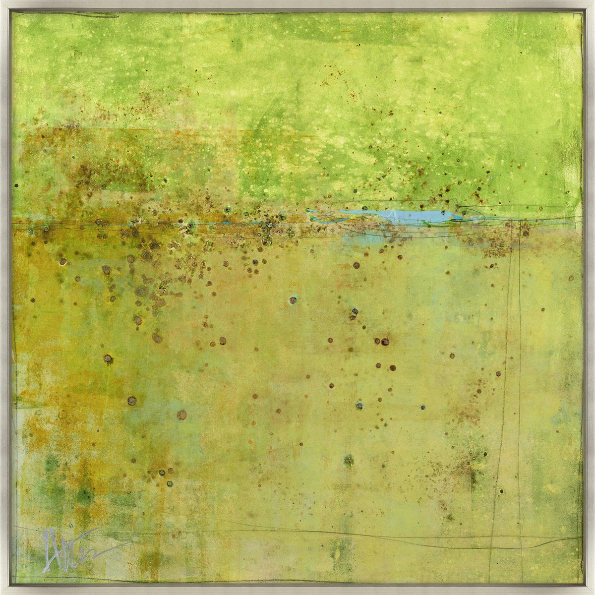 Abstract giclee canvas painting with layered green and yellow tones, textured knife gel finish, and subtle blue accents.