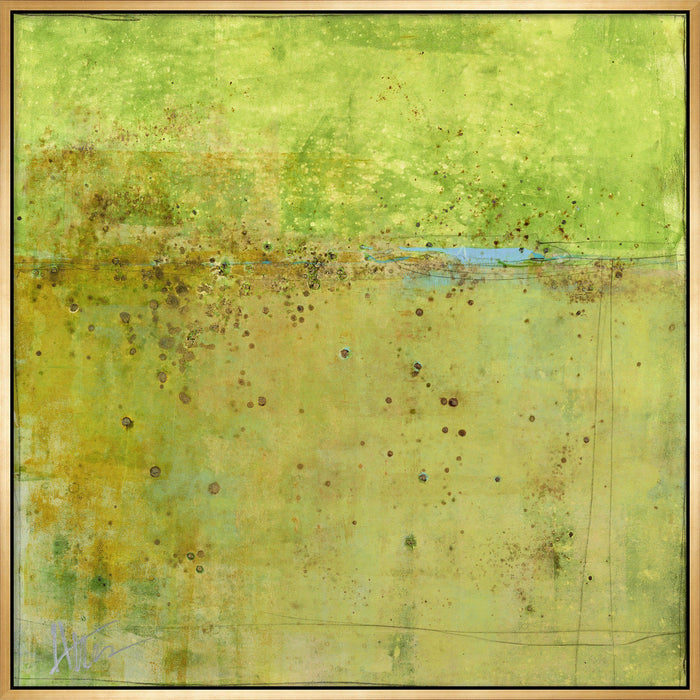 Abstract giclee canvas painting with layered green and yellow hues, subtle blue accents, and a gold frame.