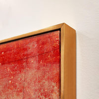 Abstract red giclee canvas painting with a knife gel finish and a gold floating frame.