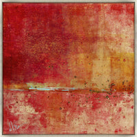 Abstract giclee canvas painting with rich red, orange, and gold tones, featuring a textured knife gel finish.