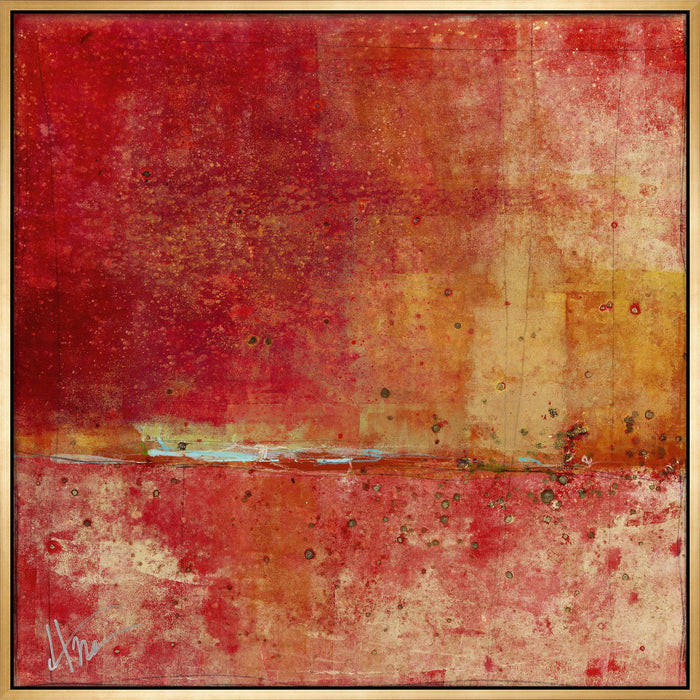 Abstract giclee canvas painting with rich red, orange, and gold tones, framed in gold.