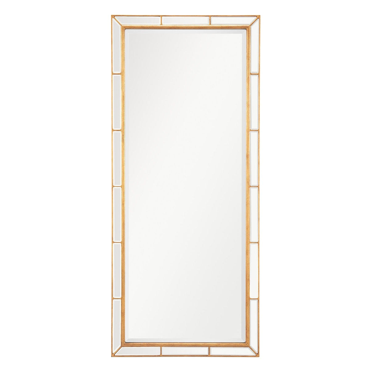 Tall Plaza dressing room mirror with a gold beveled frame and mirrored accents.