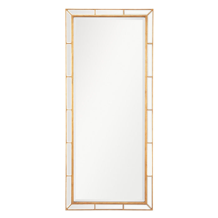 Tall Plaza dressing room mirror with a gold beveled frame and mirrored accents.