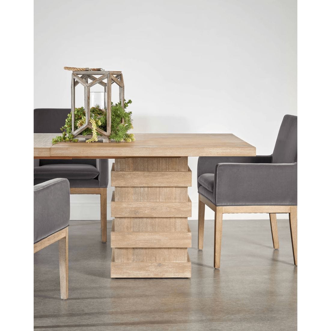 Plaza Natural Gray Extension Dining Table with double pedestal base, acacia wood, and gray undertones.