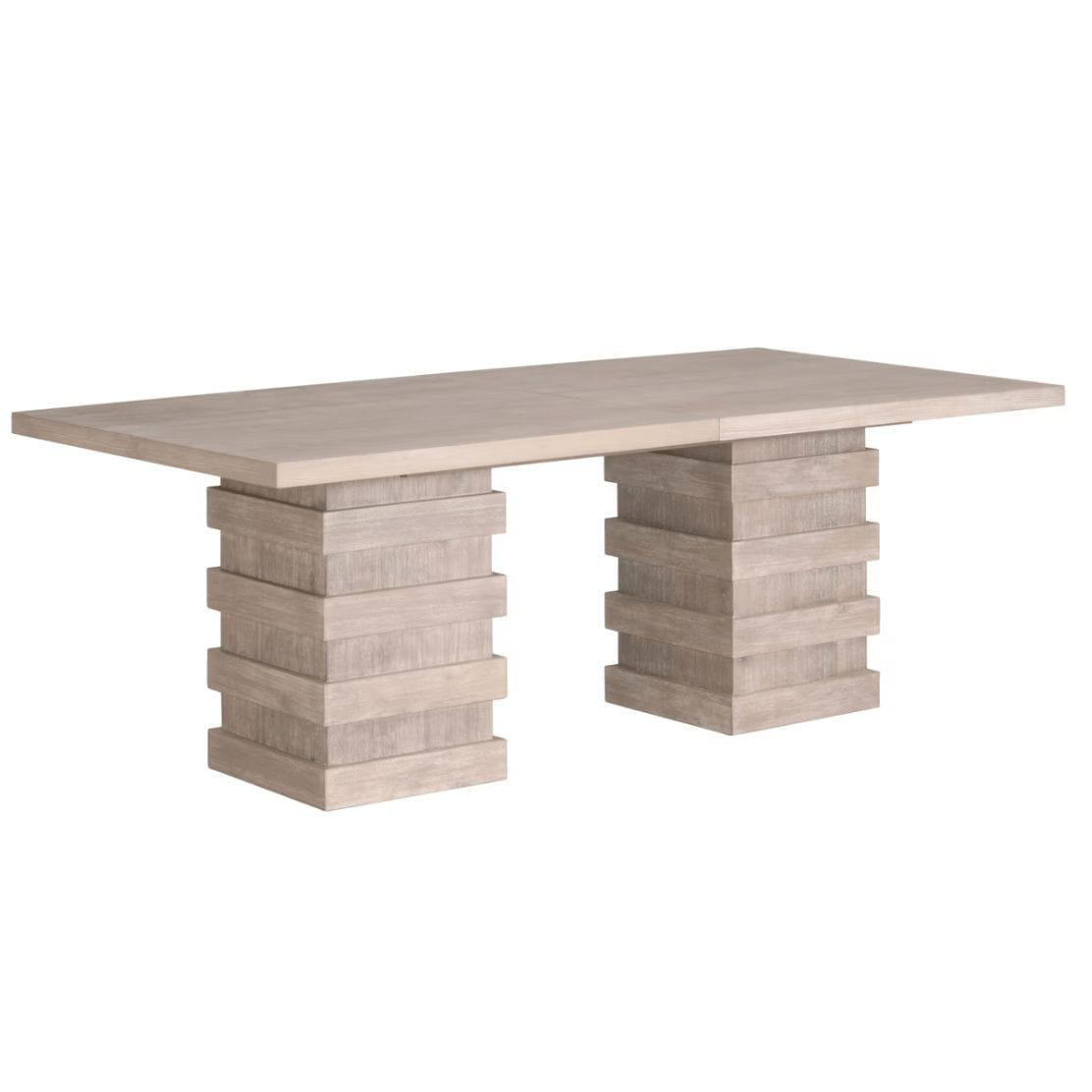 Plaza Natural Gray acacia wood extension dining table with double stacked column pedestal base.