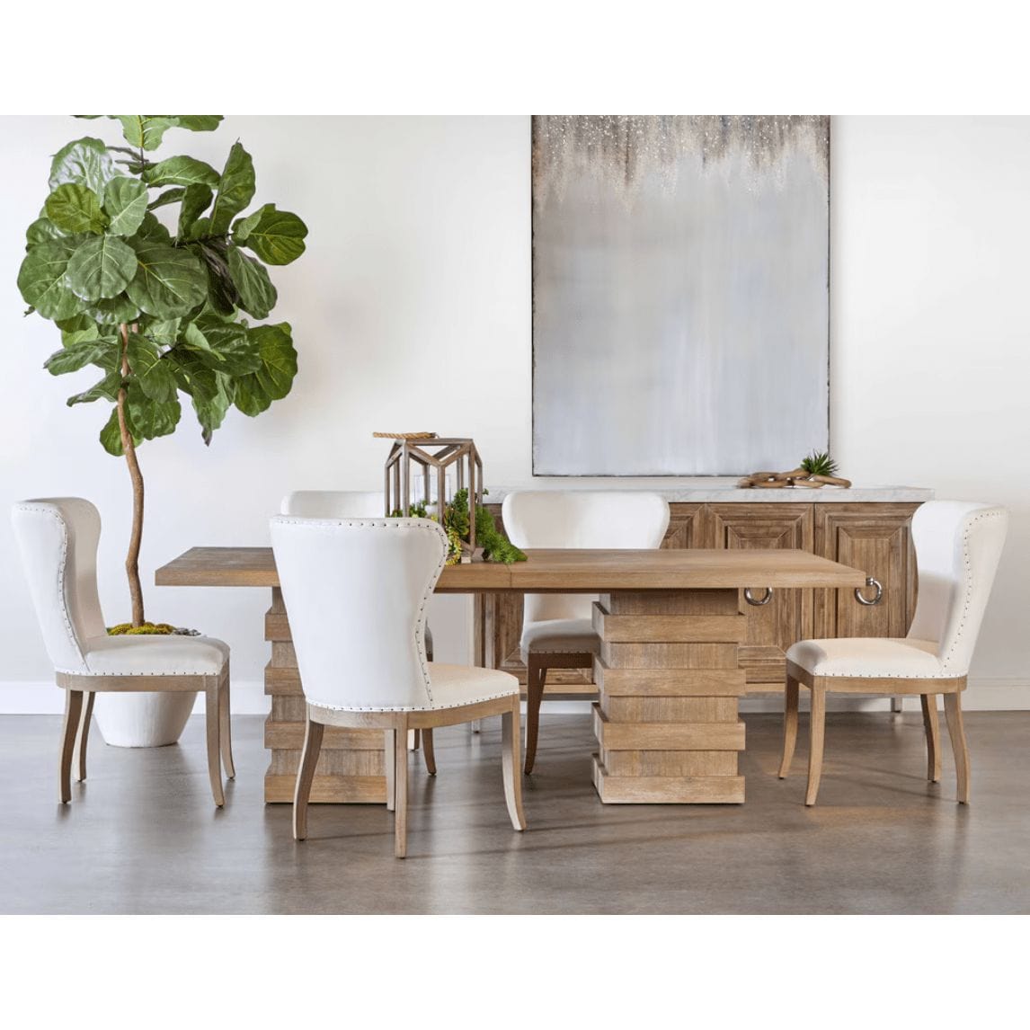 Plaza Natural Gray acacia wood extension dining table with double pedestal base and stacked column design.