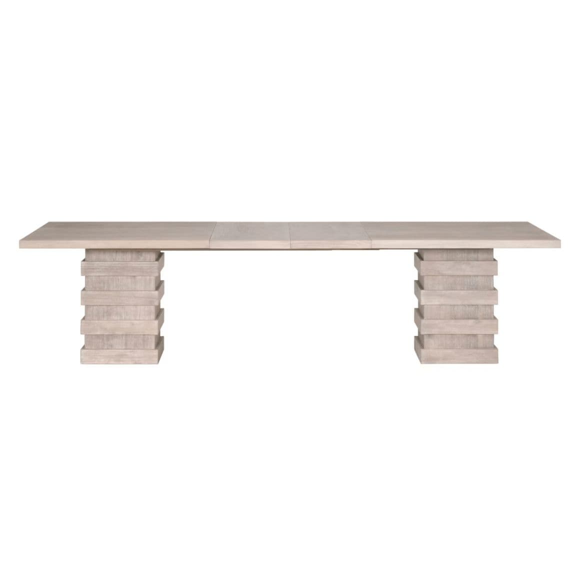 Plaza Natural Gray acacia wood extension dining table with double stacked column pedestals.